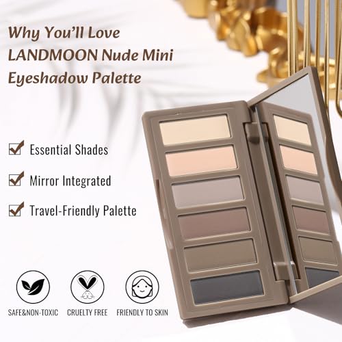 LANDMOON Neutral Nude Matte Mini Eyeshadow Palette, 6 Colors Smoky Taupe & Brown Travel Size Eye Shadows, Highly Pigmented, Long-Lasting, Vegan Makeup Palette with Mirror for Daily Use