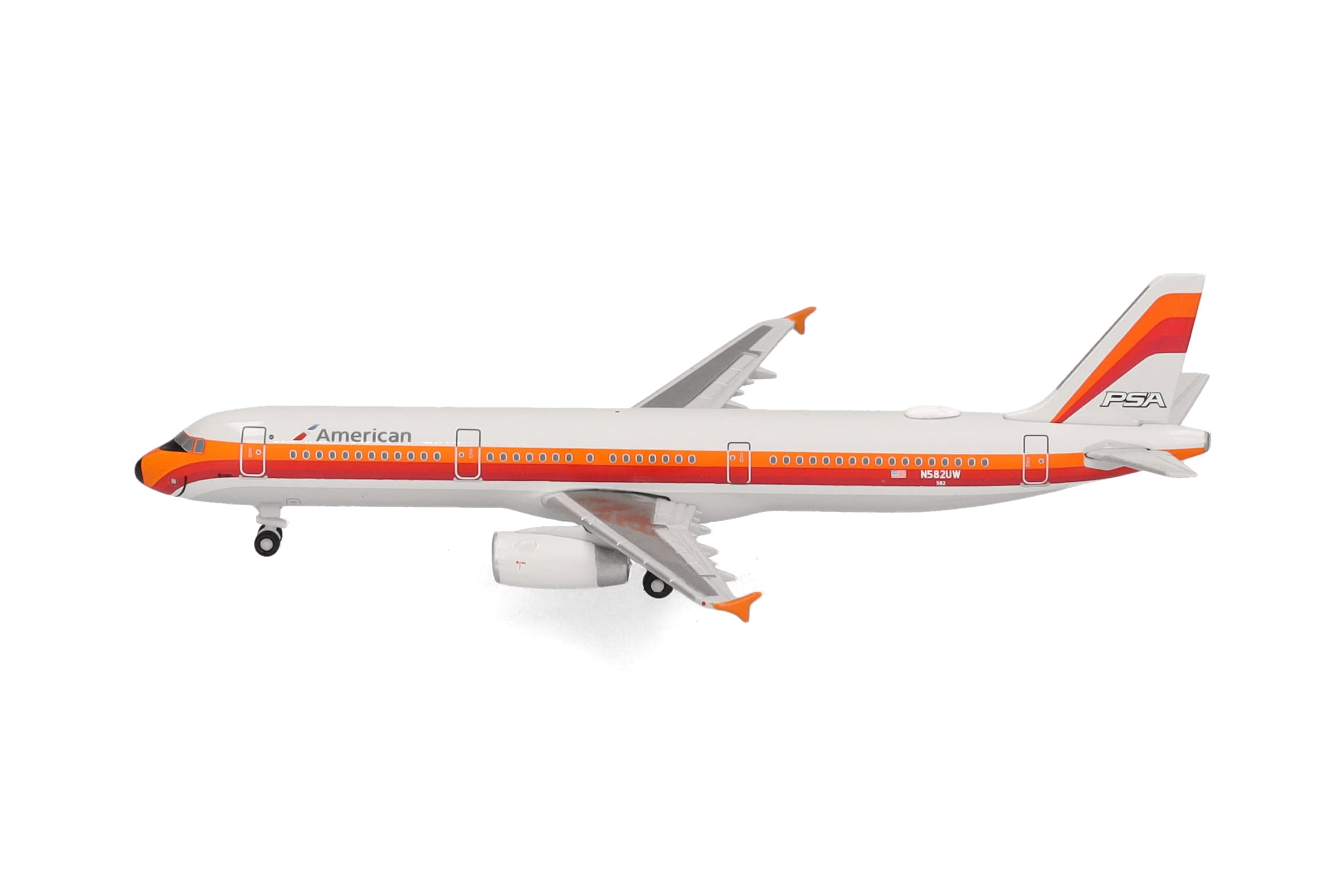 Herpa model samolotu American Airlines Airbus A321 – malowanie historyczne PSA, miniatura w skali 1:500, kolekcjonerska, model samolotu bez podstawki, metal