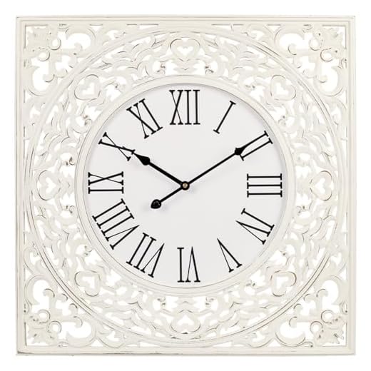 BEW Wall Clocks for Living Room Decor, 24 inch Large White Wood Square Wall Clock Battery Operated, Vintage Farmhouse Distressed Ornate Carved Decorative Wall Clock for Bedroom, Kitchen, Office