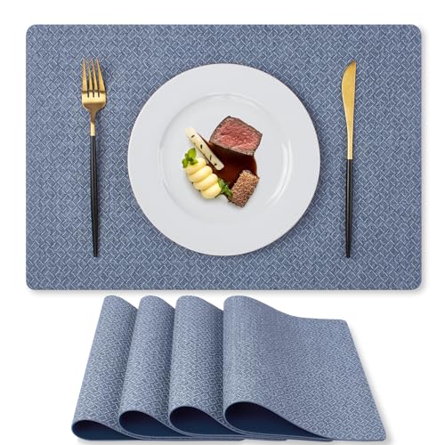 MOSAYT Juego de 4 manteles individuales de vinilo de 12 x 18 pulgadas, piel sintética tejida 100% impermeable, a prueba de aceite, lavable, manteles individuales reversibles resistentes al calor para