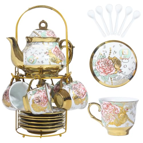 CHANJOON tea sets Gold Plated Red Rose Ceramic Tea Set, Vintage Teapot Tea Sets Beautiful Tea Set Coffee Serving 6 People (Golden, Medium)