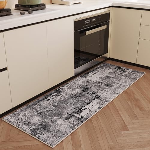 Runner Rug 2x6 Hallway Rugs Washable Boho Rug Soft Area Rug Abstract Pattern Non-Slip Faux Wool Vintage Rug for Kitchen, Entryway, Laundry, Bedroom, Grey and Black