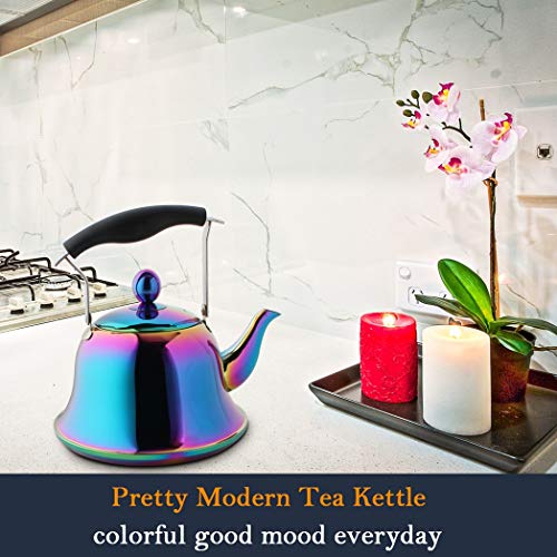 Whistling Tea Kettle Stovetop Stainless Steel Teakettles Teapot with Infuser for Flower Tea Maker Fast Boiling Mirror Finish Rainbow 2 Quart