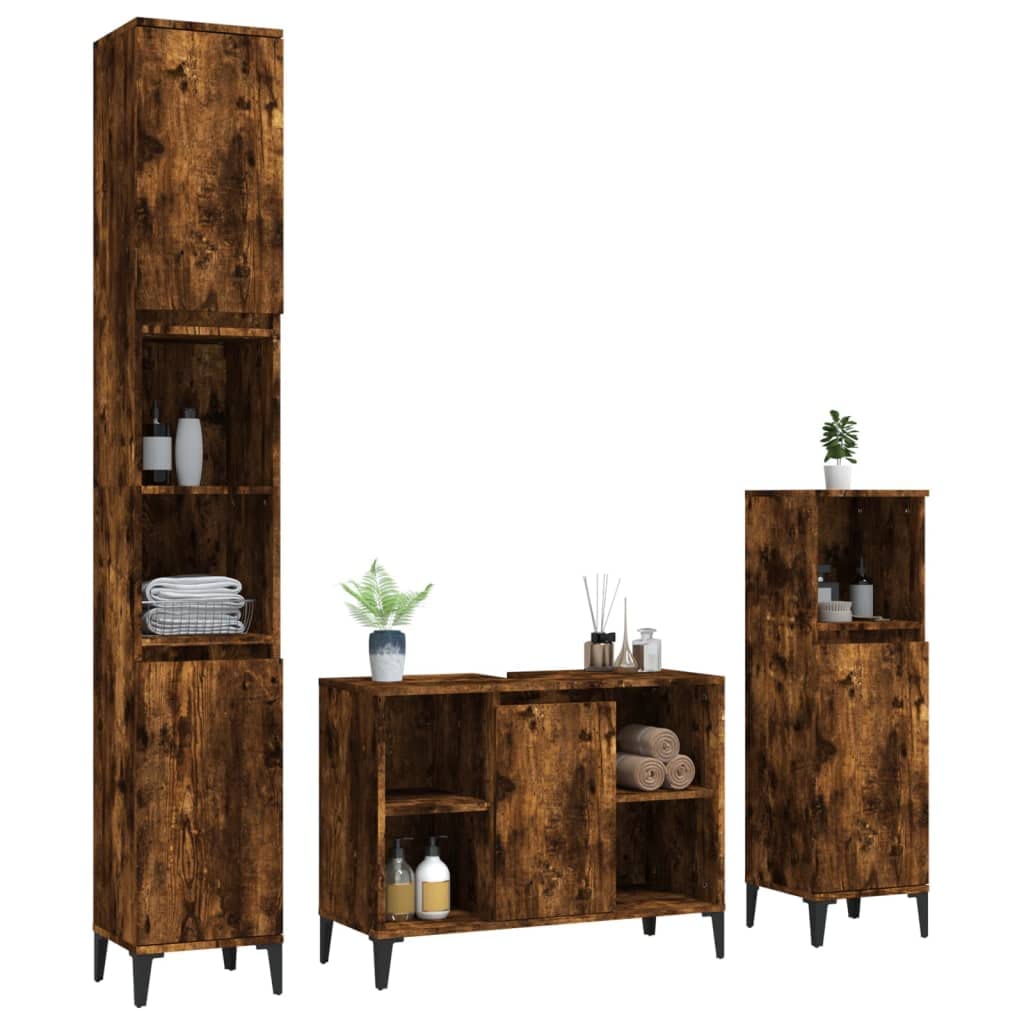 3-TLG. Badmöbel-Set Räuchereiche Badschrank Metallfüße, Badezimmer Unterschrank Hochschrank Midischrank, Badezimmermöbel Holzwerkstoff