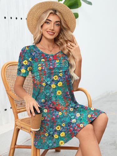 Image of Heymoments Women's Short Sleeve Crewneck Sundress Summer Casual A-Line Beach Dress with Pockets S-2XL