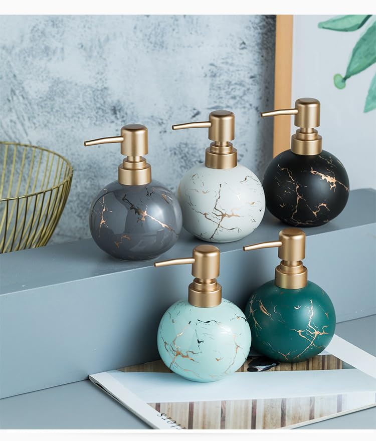 Image of Luxury Ceramic Soap Dispenser (Luxe Blue) - 350ml Round Modern Refillable Lotion Shampoo Handwash Bottle Matte Blue with Gold Marbling Premium Countertop Accessory for Bathroom, Kitchen & Wash Basin