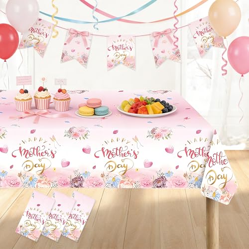 Happy Mothers Day Tablecloth Plastic: Pink Floral Flower Love Heart Disposable Waterproof Rectangle Mothers Day Table Cover Party Supplies Feliz Dia De Las Madres Decorations 54108 Inches(3 Pcs)