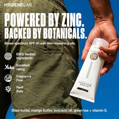 Image of HygieneLab Mineral Sunscreen SPF 50 - Invisible Sheer Finish, Rated Excellent on Yuka, Zinc Oxide, Broad Spectrum UVA /UVB Protection, Reef Safe, Aloe Vera & Shea Butter Hydration (Large 6 oz)