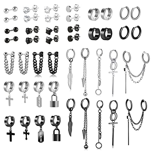 46 Pièces homme femme inoxydable boucles a'oreilles en acier, petit ensemble de Boucles d'oreilles créoles noires, boucles d'oreilles à cha?ne croisée,...