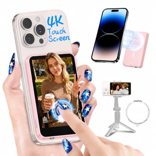 Image of Moman Touchscreen Vlog Selfie Monitor Screen for iPhone, 4K 60fps & Encrypted Private P2P Wireless, Magnetic Back Camera Monitor, 164ft Range for TikTok, YouTube, Vlog Photo & Video Kits, Pearl Pink