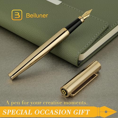 Image of BEILUNER Gold Fountain Pen,Stunning Luxury Pens with 24K Gold Finish, Gorgeous 24K Gilded Nib(Medium), Fancy Pen Gift Set for Men&Women -Ink Converter-Elegant,Office,Nice Pen for Writing