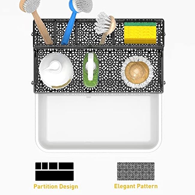 Cisily Large Kitchen Sink Caddy Organizer, Rustproof Non-Slip Soap Dish Dispenser Brush, Sponge Holder for Kitchen Sink, Kitchen Organization and Storage, Home Essentials Accessories£¨Black£©