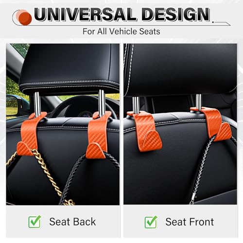 Image of SINGARO Universal 4 Pack Car Seat Headrest Purse Hook, Carbon Fiber Back Seat Hook Storage Organizer Hanger for Purse Handbag Coat, Car Interior Accessories(Orange)