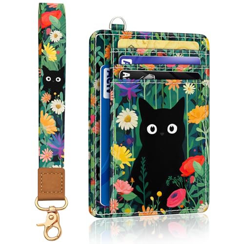 Image of Yonlevres Cat Credit Card Holder Slim RFID Wallet Women Wristlet Cute Small | Front Pocket, Handy, RFID Blocking, Woman Girls Ladies Gifts, D-ring for Keychain,Thin Mini Card Case, ID Window, PU Leather