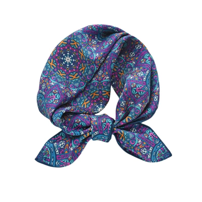 Foulard carré en soie femme imprimé bohémien bandeau cheveux bleu
