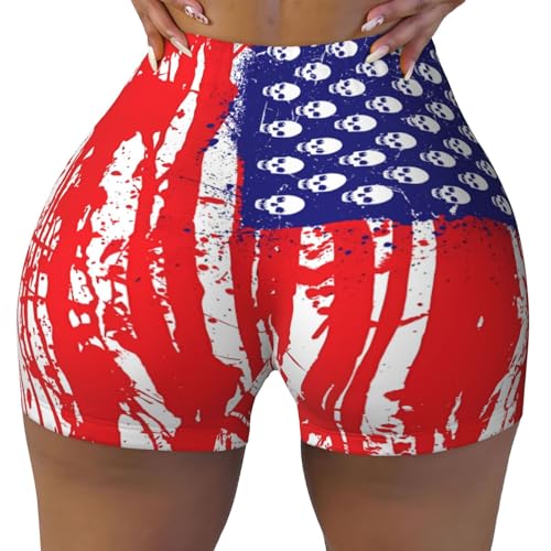 SEOCKA American Flag Skull Women's High Waist Workout Yoga Shorts Stretch Shorts Running Sports Short Pants Medium