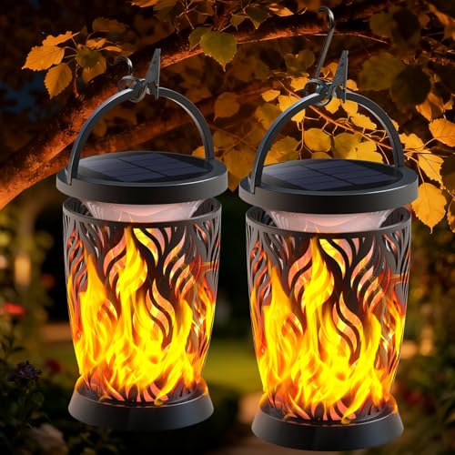Solar Lanterns Outdoor Waterproof ,2 Pack Flickering Solar Flame Lights Upgraded Hanging Flame Lantern Pathway Torch Light Table Lamp, Auto On/ Off Porch Yard Gifts (1 Lighting Mode)
