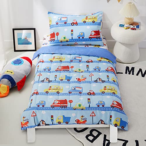 Pinnkku 4-Piece Toddler Bedding Set, Bed-In-A-Bag Comforter Set, Includes 1 Flat Sheet, 1 Fitted Sheet, 1 Comforter And 1 Reversible Pillowcase, Standard Toddler Comforter & Sheet Set, Cars & Road #TOP9