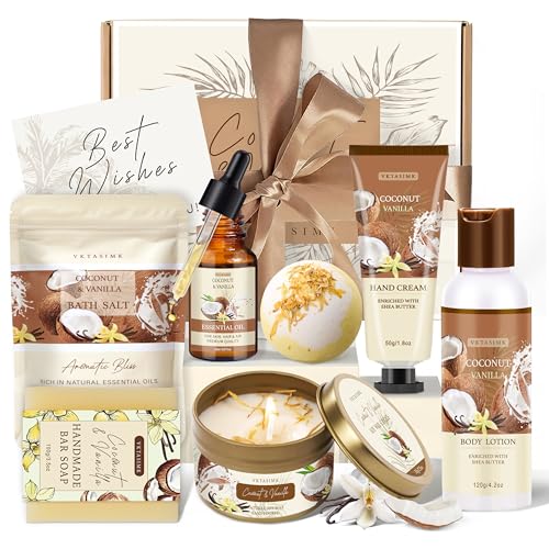 Gifts for Women Happy Birthday Gift Baskets, Bath and Body Gift Set Mothers Day Gifts, Vanilla Coconut Relaxing Home Spa - Detailed View