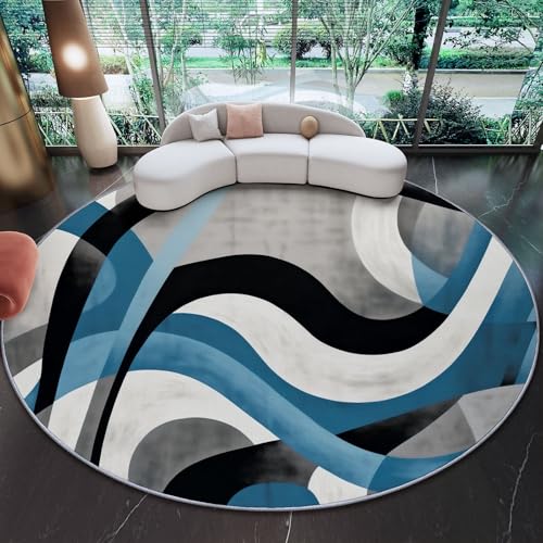 Alfombra Redonda Franela 100 cm - Vistoso Antideslizante Plegable Pelo Corto Arte Abstracto Moderno Rayas Curvas Patrón Alfombra para Salón Cocina Dormitorio o Terraza Decorativo