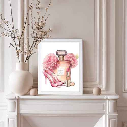 Image of Poster Master Fashion Poster - Pink Designer Print - Shoes Art - Perfume & Lipstick Art - Gift for Women & Fashionista - Haute Couture Decor for Bedroom or Girl's Room, 11x14 White Framed
