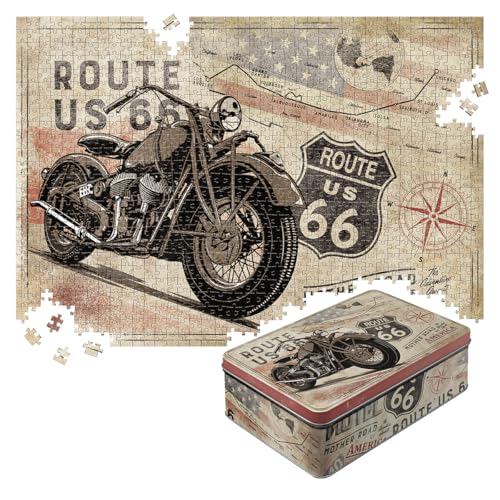 Nostalgic-Art Retro Puzzle 1000 Teile, 68 x 48 cm, Route 66 – Bike Map – Geschenk-Idee für Amerika-Fans, für Erwachsene, in Vintage-Metalldose als Geschenkverpackung