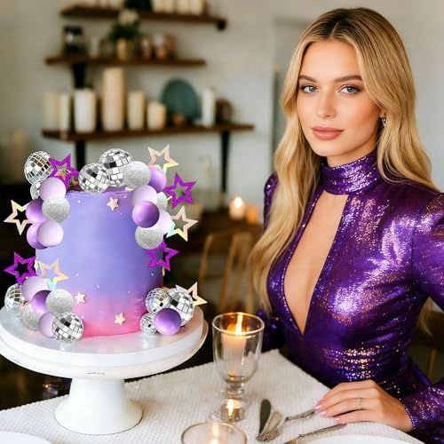 LaVenty 35Pcs Disco Ball Cake Decor Singer Stars Purple Butterfly Balls Cake Supplies for Birthday Party Decoration — view 4