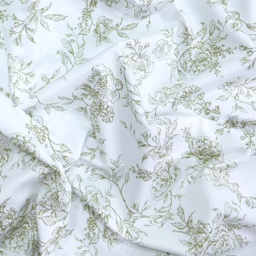 Image of Feather & Stitch Printed 500 TC Split King Size Sheet Set, 5 Piece Bed Sheets Set, 2 Twin Fitted Sheet, 1 King Flat Sheet & 2 King Pillowcases, 18 inch Deep Pockets Sateen Weave - Green Floral Toile