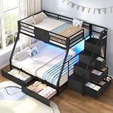 BTHFST Bunk Bed Twin Over Full with Stairs, Storage Drawers and LED Lights