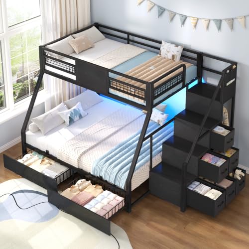 BTHFST Bunk Bed Twin Over Full with Stairs, Storage Drawers and LED Lights