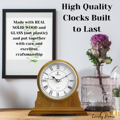 Mantel Clock, Silent Decorative Wood Mantle Clock Battery Operated, Wooden Design For Living Room, Fireplace, Office, Kitchen, Desk, Shelf & Home Décor Gift - 9 X 8.5 Inch #TOP2