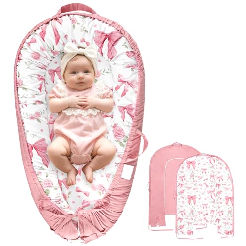 Image of Baby Lounger Cover for Boys Girls, Reversible Baby Nest Cover, Adjustable Baby Lounger Replaceable Cover for Infant Newborn, Portable and Machine Washable, Cotton Pink Rose Cover Only