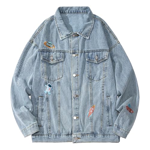 Veste en jean rétro homme blouson denim uni col revers boutonné mode vintage casual