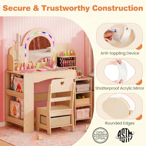 Image of HONEY JOY Kids Vanity, Wooden Girls Vanity Set with Lighted Mirror & Open Bookshelf, Ring Slot & Jewelry Storage, Toddler Makeup Vanity Desk Dressing Table, Kids Vanity Table and Chair Set (Natural)
