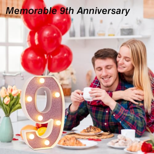 Image of LED Marquee Numbers, Small Light Up Numbers for Party, 8.58 Inch Battery Powered Lighted Number for Birthday, Night Light, Table or Home Decor (Pink Glitter, Number 9)