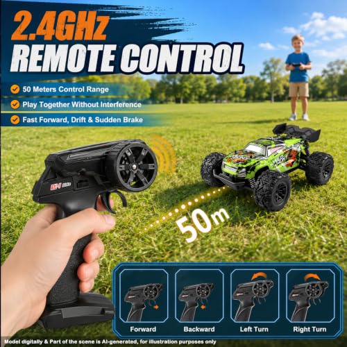 Image of RC Cars Monster Remote Control Car 2.4GHz 2WD Off-Road Power Dragon RC Truck 20 KM /H All-Terrain RC Monster Truck, 2 Batteries for 40mins Car Toys Gift for Beginner (Green