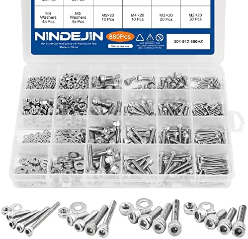 NINDEJIN 880Pcs M2 M3 M4 M5 Stainless Steel Precise Metric Hex Socket Head Cap Machine Screws, Hex Socket Bolts and Nuts Set and Washers Assortment Kit +Wrench (Stainless Steel, Hex Socket Cap)