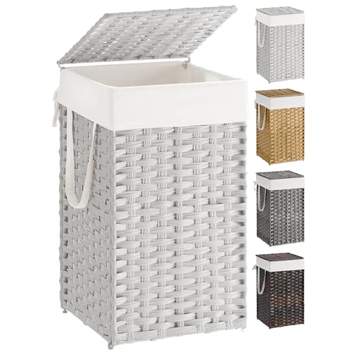 Image of SONGMICS Laundry Hamper with Lid, 17.2 Gallon (65 L) Synthetic Rattan Clothes Laundry Basket with Lid and Handles, Foldable, Removable Liner, Cloud White ULCB165W01
