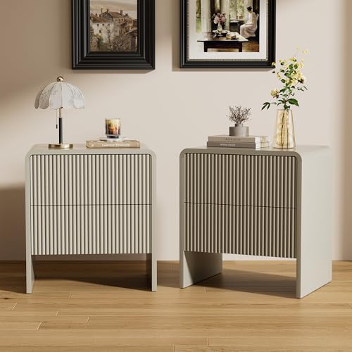 Image of Set of 2 Modern Curved Nightstand with 2 Drawers, Push-to-Open Wooden Bedside Table, Minimalist End Table for Bedroom, Beige