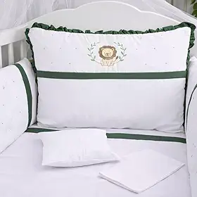 Conjunto de Enxoval para Berço 10 Peças Leão Verde Bordado 100% Algodão com Mosquiteiro