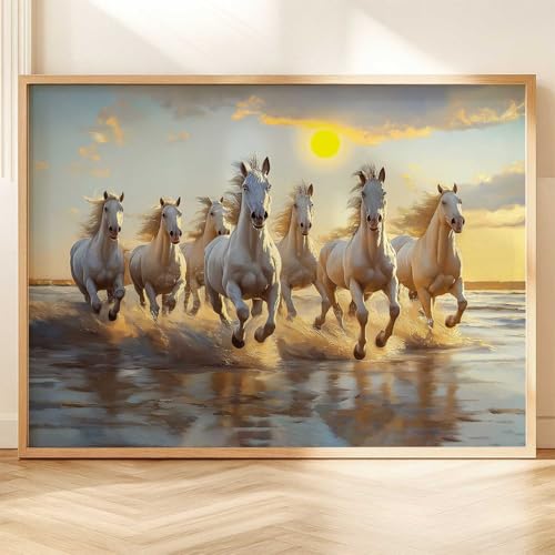 Image of HOTHOUSE 7 Horses Vastu Frame Wall Art Painting for Living Room Bedroom Office Home Decor | Seven Running Vastu Lucky Horse Rising Sun Painting Wall Decor Size (19X25 inch)