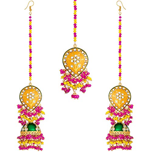 Aheli Enamel Earrings Maang Tikka Set Bollywood Ethnic Wedding Fashion Jewelry Gift for Women