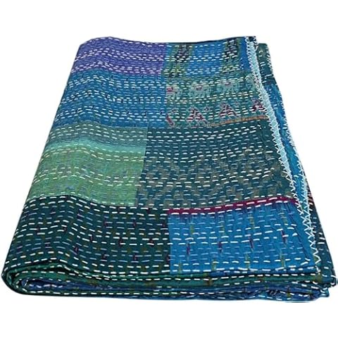 GDONLINE Indian Handmade Quilt Indian Silk Sari Kantha Quilted Patchwork, Silk Kantha Blanket Throw, Boho Vintage Bedspreads, (Sky Blue, Twin 60" x 90") Cover