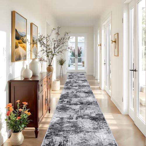 RUUGME Washable Hallway Rug 3x20 - Runner Rug Stain Resistant for Living Room Non Slip Indoor Entryway Rubber Backing Carpet Bedroom Kitchen Distressed Floor Decor Mat Machine Washable 3x20 Black A