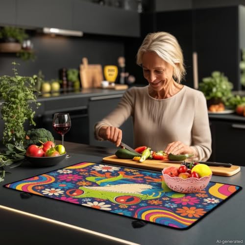 Image of Electric Stove Top Covers Heat Resistant Glass Ceramic Cooktop Cover Mat Retro Kitchen Scratch Resistant Flat Top Stove Cover, 29 x 21 Inch, Hippie Frog Daisy Print