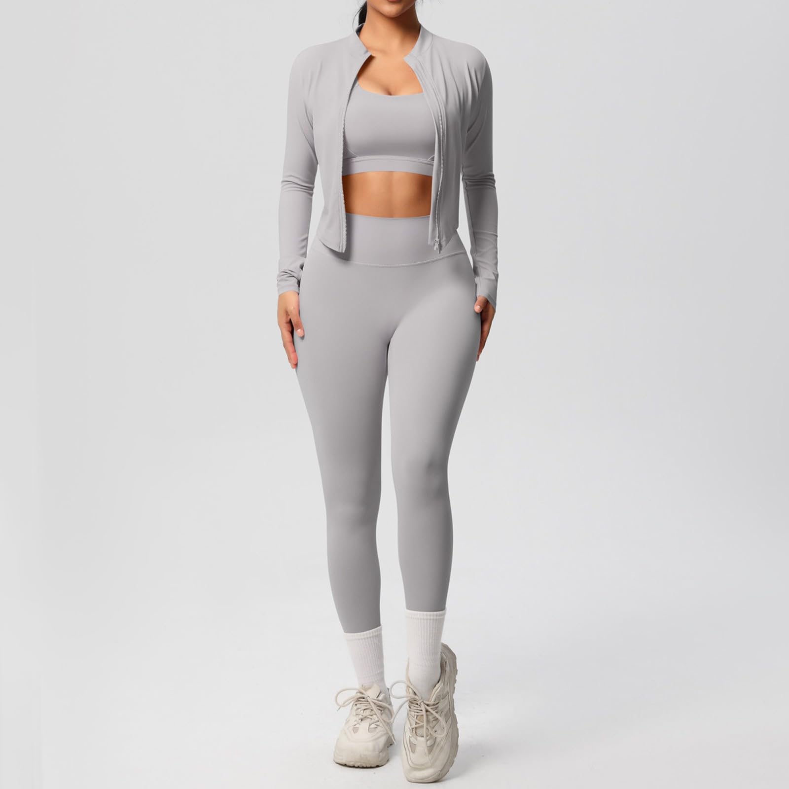 Traje de yoga para mujer de 3 piezas con chaqueta deportiva, chaqueta corta, leggings de manga corta, camiseta de tirantes, ropa deportiva, ropa deportiva a la moda, traje deportivo cómodo