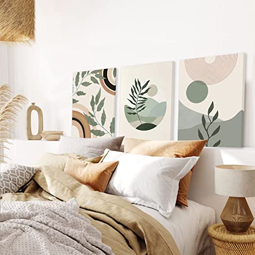 Image of Sage Green Boho Wall Art Set of 3, Boho Room Decor, Mid-Century Modern Wall Art Prints, Framed Neutral Geometric Canvas Prints Green Wall Art Sun Rainbow Leaf Mountain Minimalist Artwork 12 inch X 16 inch for Bathroom Bedroom Living Room Boho Wall Decor