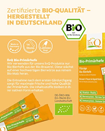 livQ Bio-Primärhefe pur - Superfood Immun-Booster flüssig, Bio Bierhefe aus Primärfermentation mit B-Vitaminen, Erfrischend, Vegan & laktosefrei I 210ml