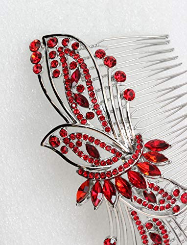 Peine grande floral con cristales rhinestone rojo miniatura 4