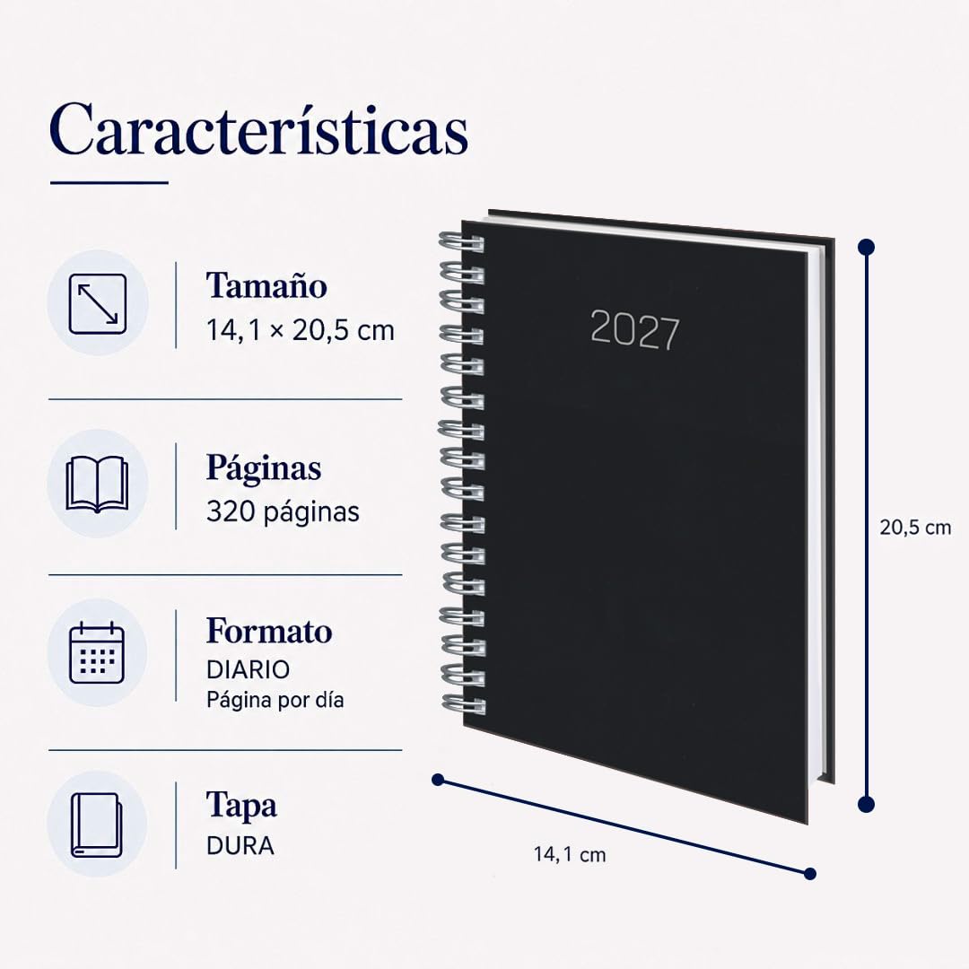 DEUSTO Agenda 2027 Pagina por Dia | Dietario Anual A5 Enero-Diciembre | Agenda con OrganaizED+, Espiral y Ángulo perforado, Agenda de Trabajo Oficina Estudiantes, Negro